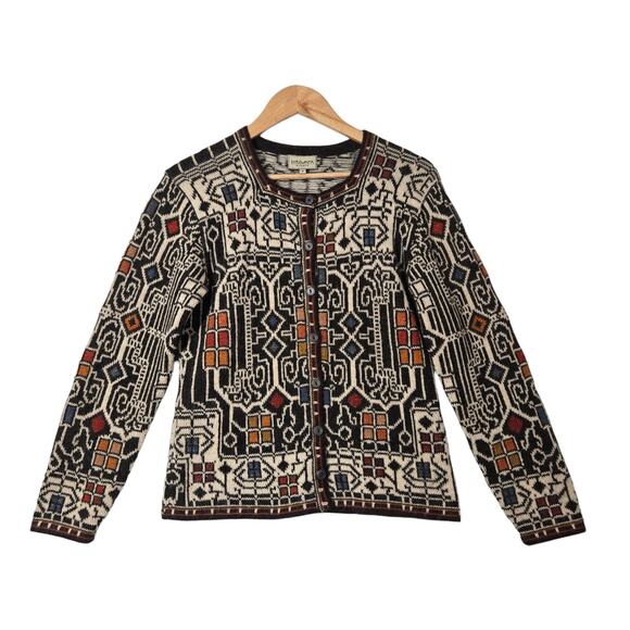 Intiwara 100% Alpaca Cardigan S Multicolor Geo Print Button Front Hand Made - Picture 1 of 13